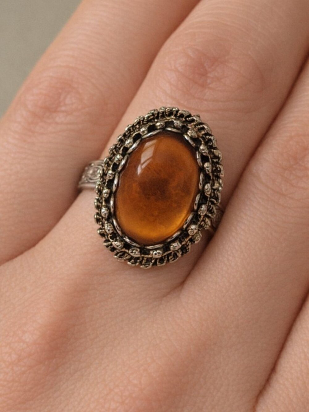 Vintage Amber Cabochon Halo Adjustable Victorian Mid-Century Statement Ring